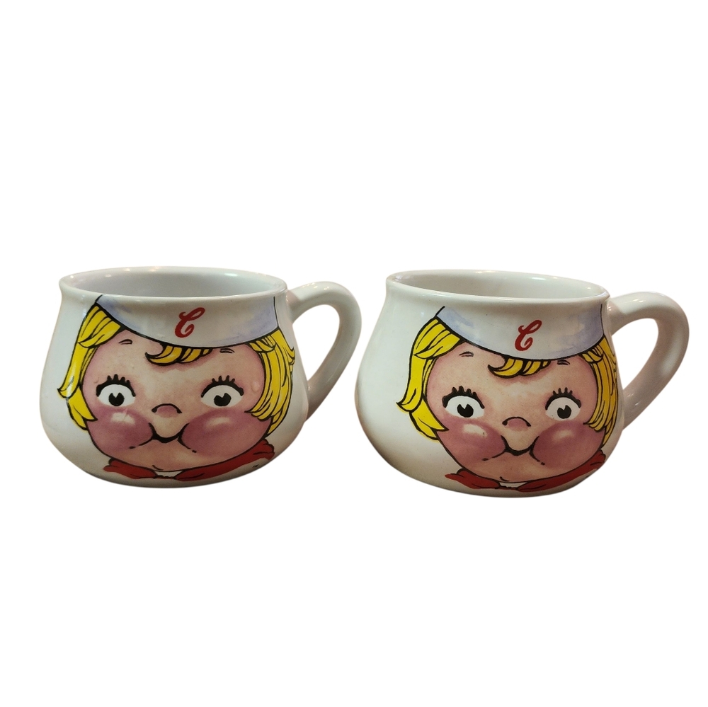 Set of 2 Campbell's Kids Soup Mugs Bowl Coffee Cup Girl Face 1998 Ceramic Vtg